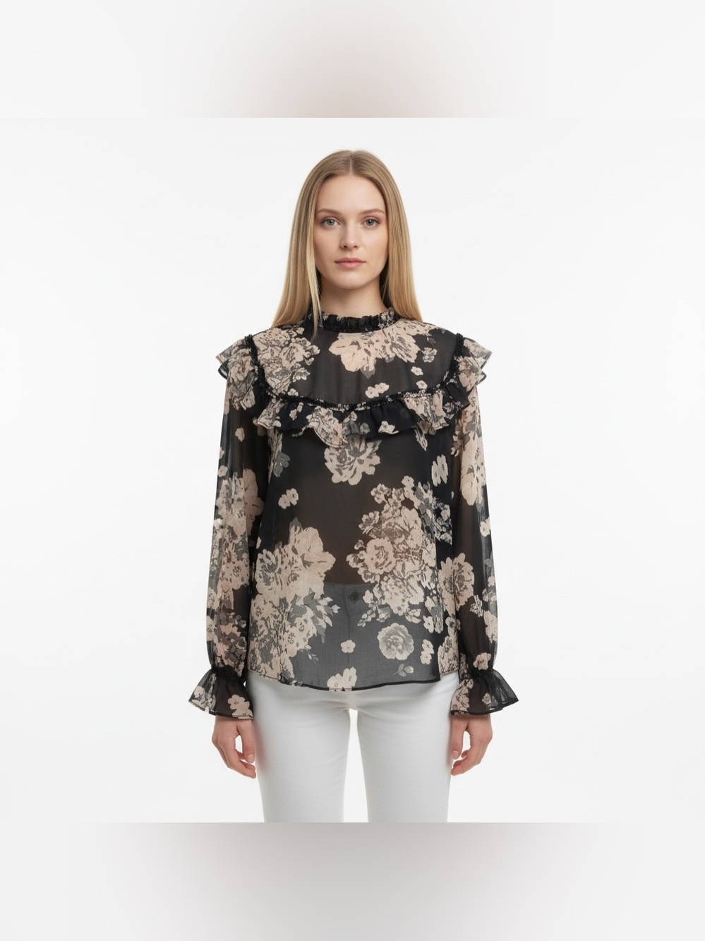 Adyson Parker Black Sheer Floral Ruffle Blouse Size M